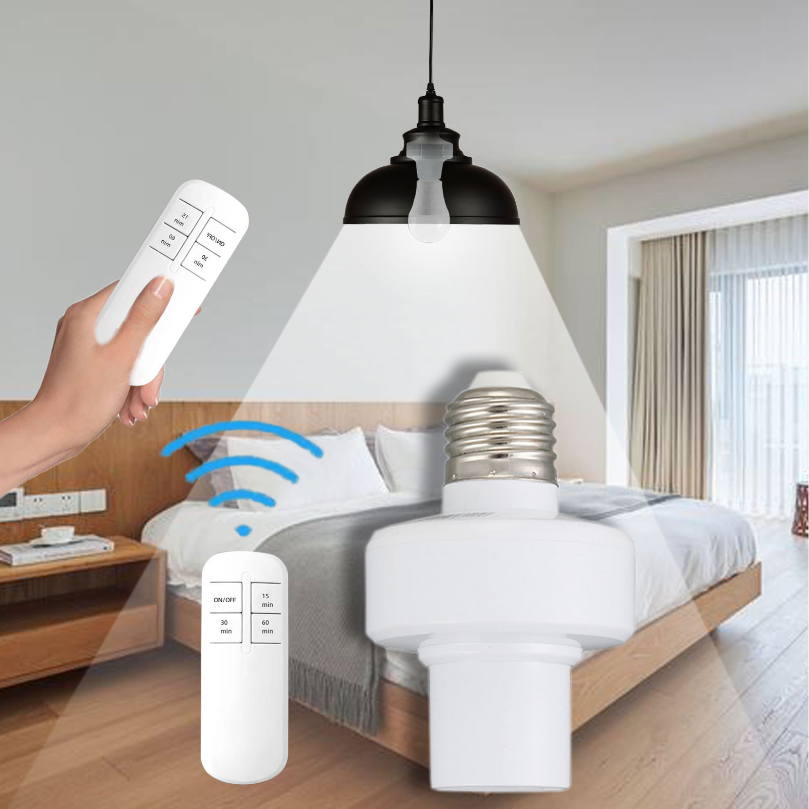 Smart E27 Screw Light Socket Adapter with Wireless Remote | 30m Range | Timing Controller 15/30/60 Min | Supports LED/Incandescent/Energy-Saving Bulbs | 1 Pack | Home Lighting